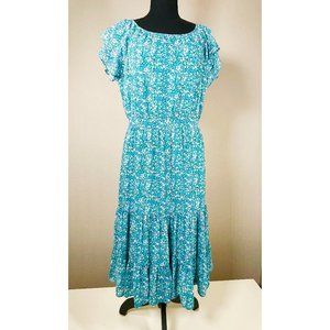 J. Crew Floral Ruffle Tiered Short Sleeve Midi Dress, blue
